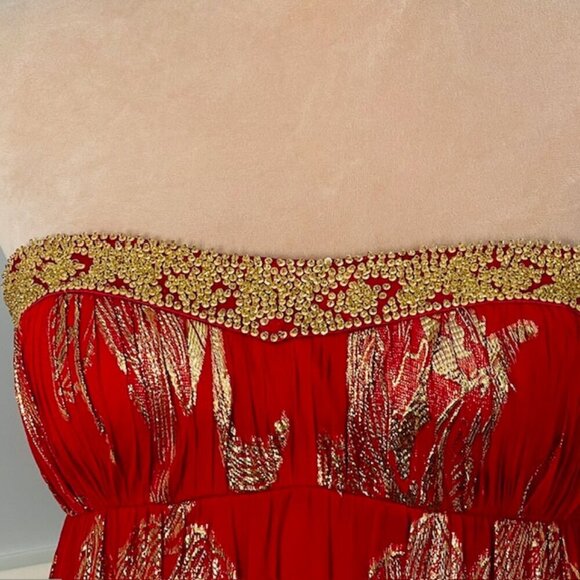 Aidan Mattox Beaded Silk Strapless Ball Gown Red & Gold Prom Party 4 - Picture 4 of 10